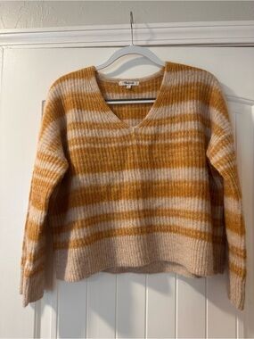 Madewell Striped V-Neck Sweater in Cream and Mustard